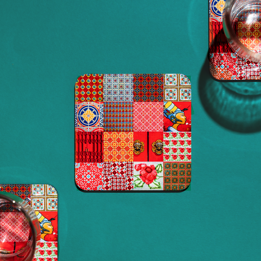 Peranakan Tile Design Set of 6 Coasters - Collage Barn Red