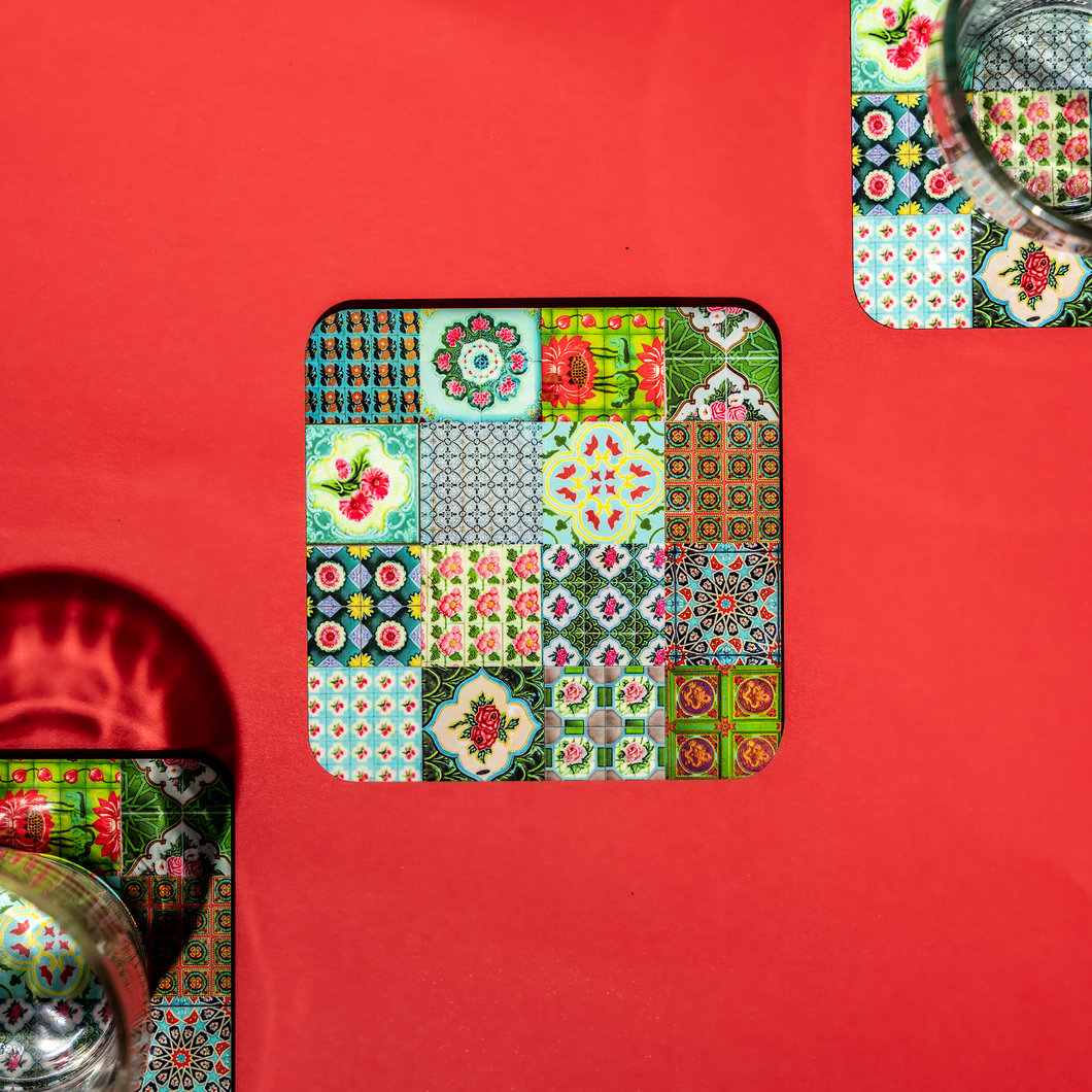 Peranakan Tile Design Set of 6 Coasters - Collage Emerald